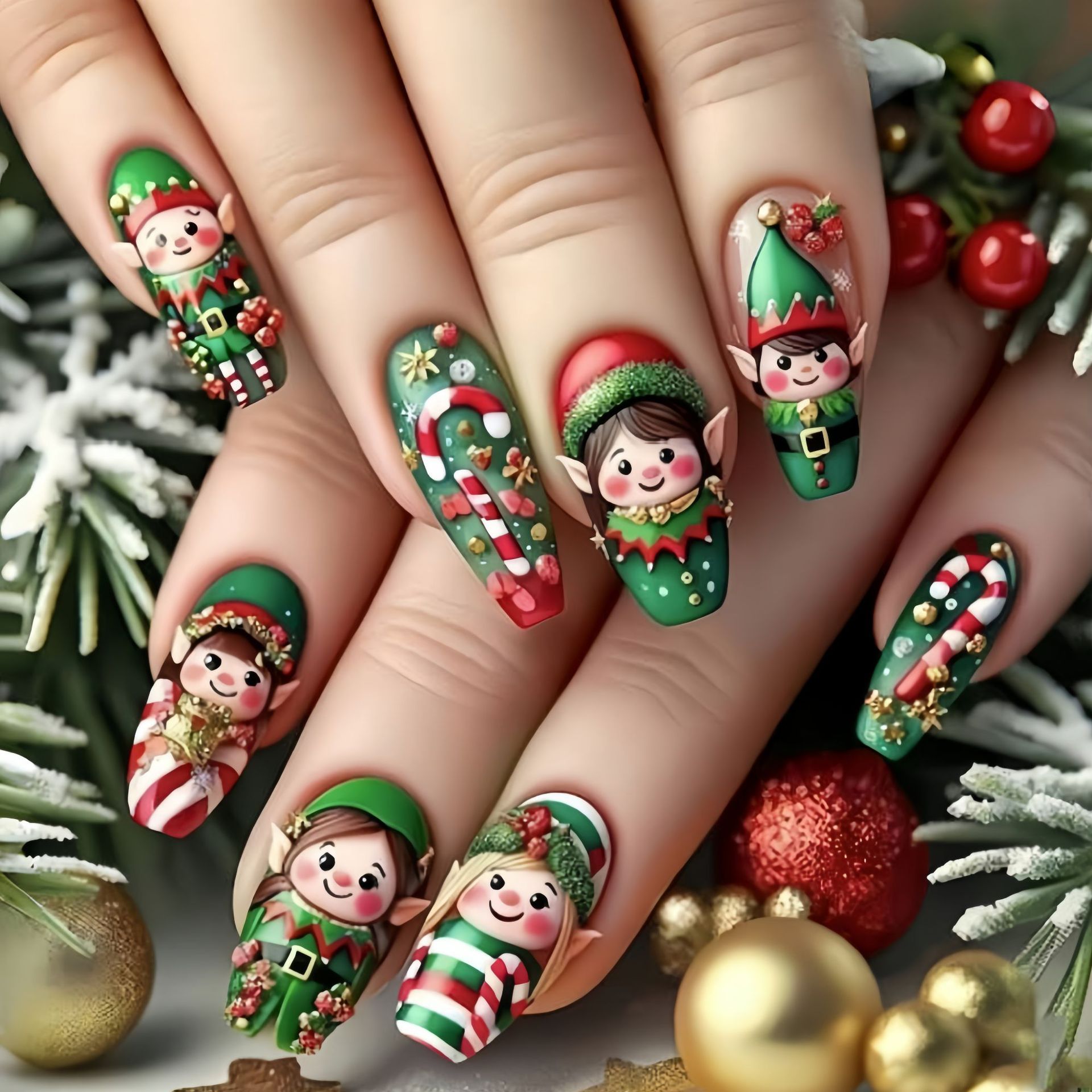 Nail Art Fake - Средние накладные ногти для рождественской вечеринки,